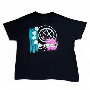 Black Blink 182 Graphic Tee with Teal & Pink Print XXL